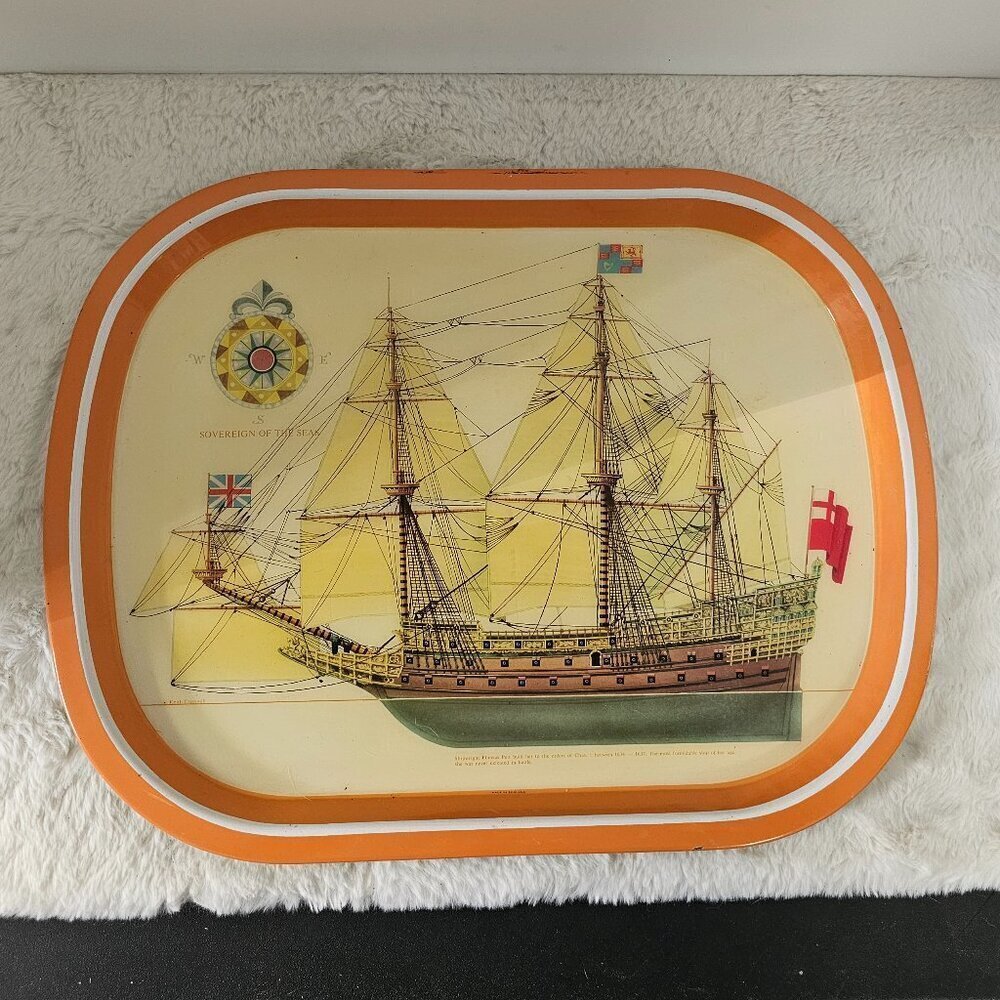 Vintage Metal Dinner Tray Ship Anit Slip Grip Nautical Retro 70s